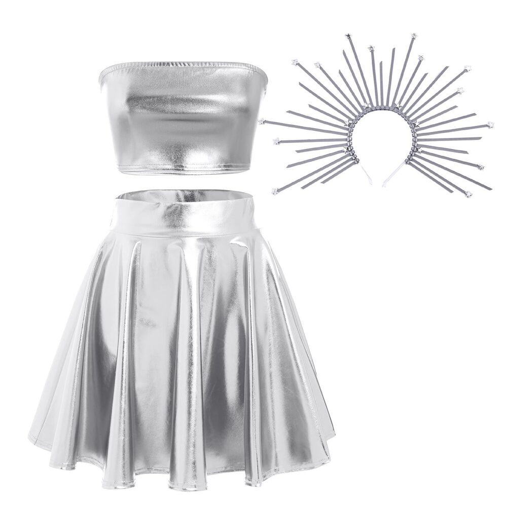5728 Goddess Costume Holographic Metallic Reflective Bandeau Tube Top +